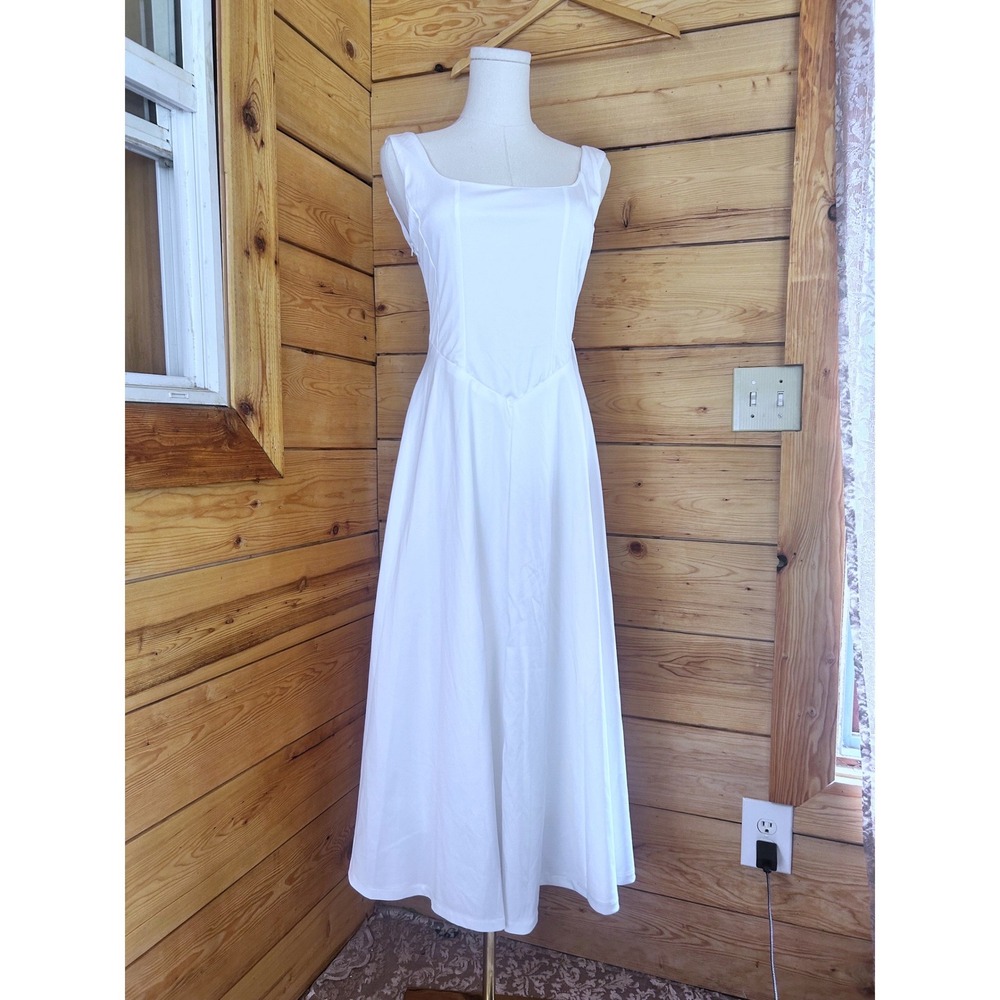 Vintage White Heavy Satin Column Dress Womens Small Basque Waist Gown Handmade